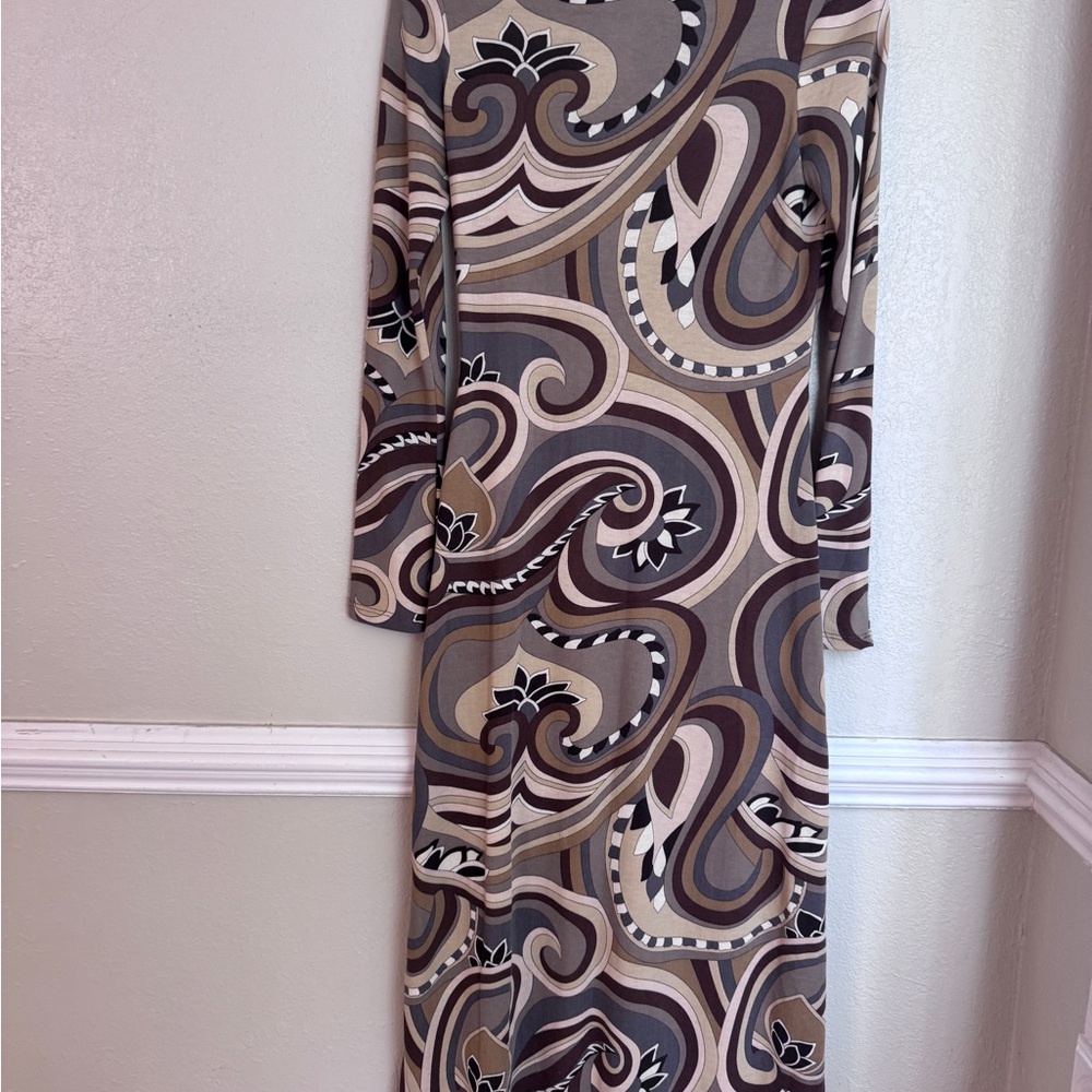 Zara Elegant Brown Patterned Long Sleeve Dress Medium - Picture 6 of 8